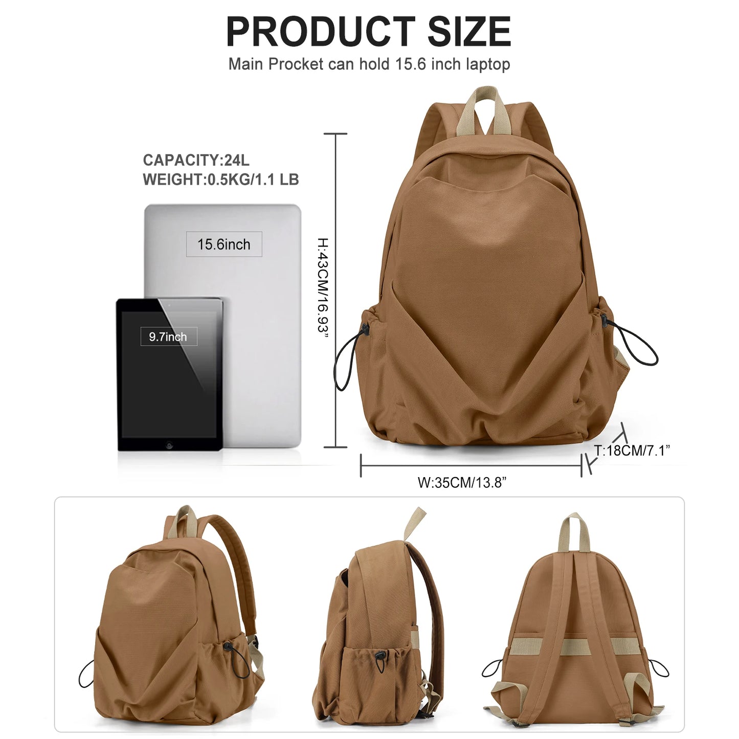 Sac à Dos Toile Léger 24L – Voyage, Ordinateur 15,6" & Quotidien Sac a dos Femme